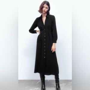 Zara Darted Black Long Sleeve Maxi Dress With Gold Buttons